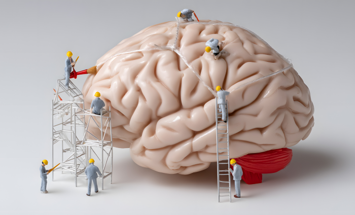 A human brain with construction worker figurines working around the brain.