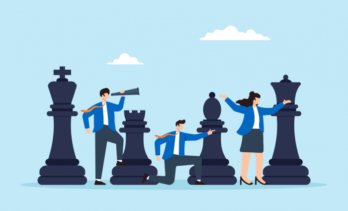 Flat illustration of business team using giant chess pieces corporate strategy to win competition planning leadership teamwork and decision making