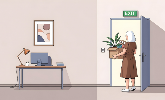 A cartoon of a woman packing up her office items and heading for the exit